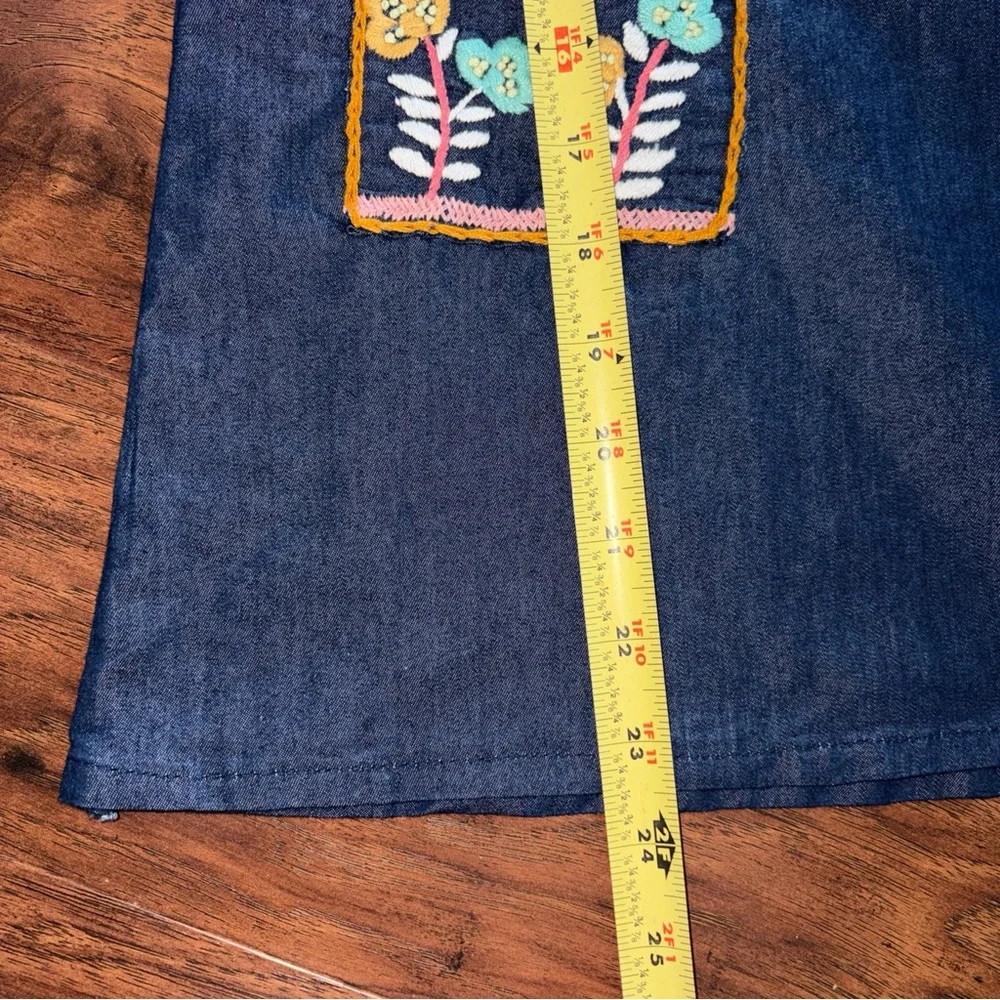 Girls' Dark Blue Denim Embroidered Sleeveless Dress